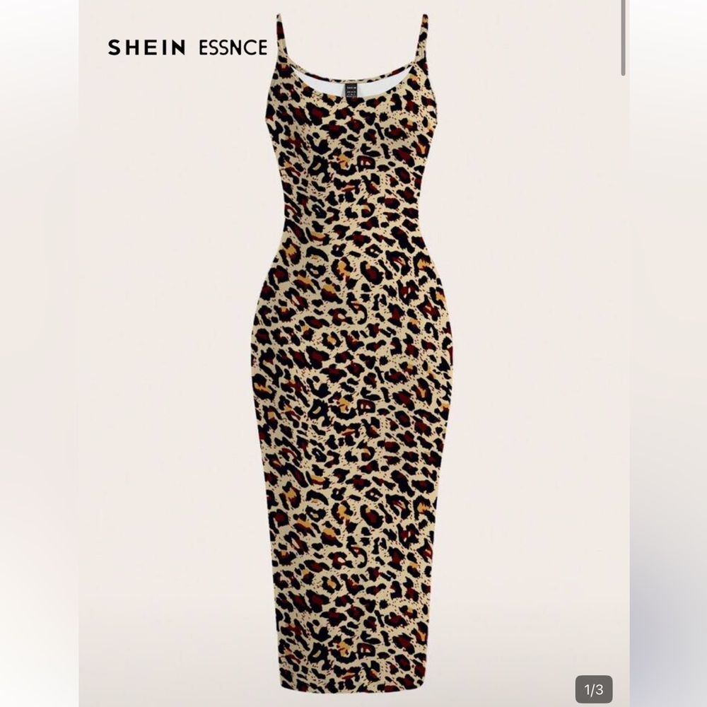 SHEIN Leopard Print Bodycon Midi Dress in Beige, Black & Brown